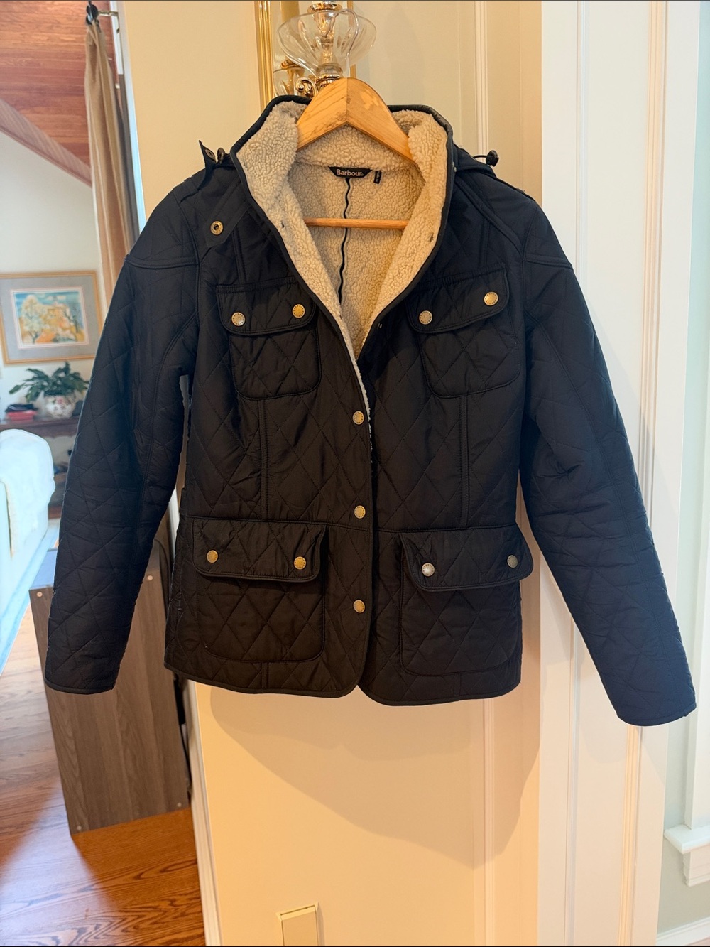 Barbour Black Quilted Puffer Jacket with Sherpa Lining and Hood
